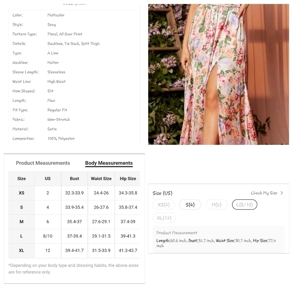 Women’s Satin Floral Maxi Dress Multicolor Split Thigh Criss Cross Backless - Picture 2 of 5